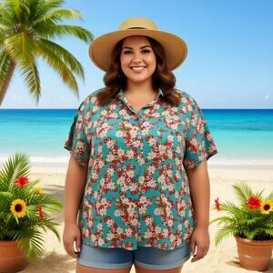 DREAMS & CO Cotton Sleep Lunch Button Up Shirt Women Plus 4X Woven Floral Casual